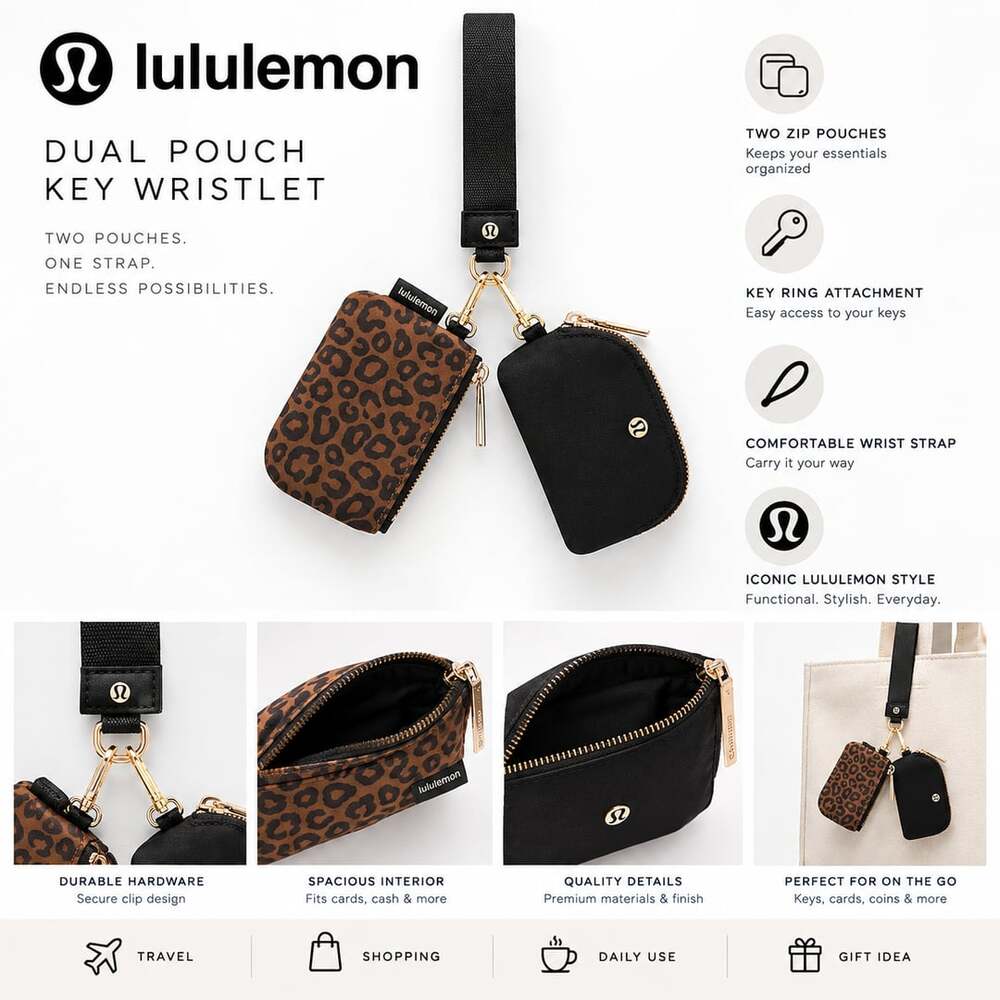 Lululemon Dual Pouch Key Wristlet Black Leopard NWT